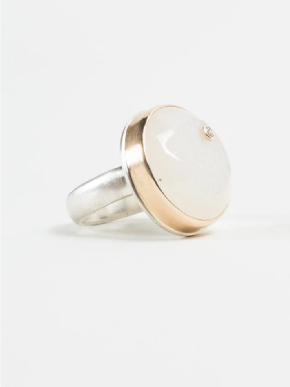 Jamie Joseph White Druzy Ring with diamond. Signature Gold Bezel and Silver Band